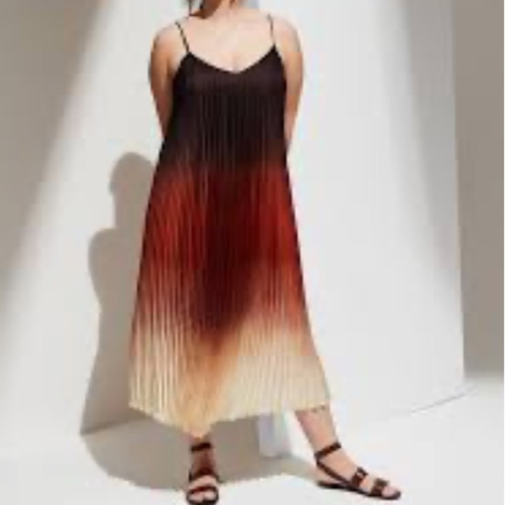 🪅Banana Republic Brown/Orange Ombré Pleated Midi Dress Spaghetti Straps L Tall - Picture 5 of 13